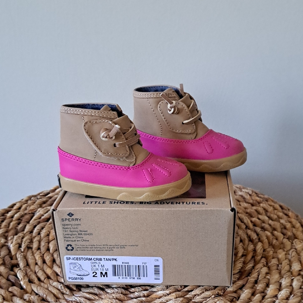 NWOT SPERRY Infant Girls Iccestorm‎ Crib Pink/Tan Booties Ankle Straps S-2